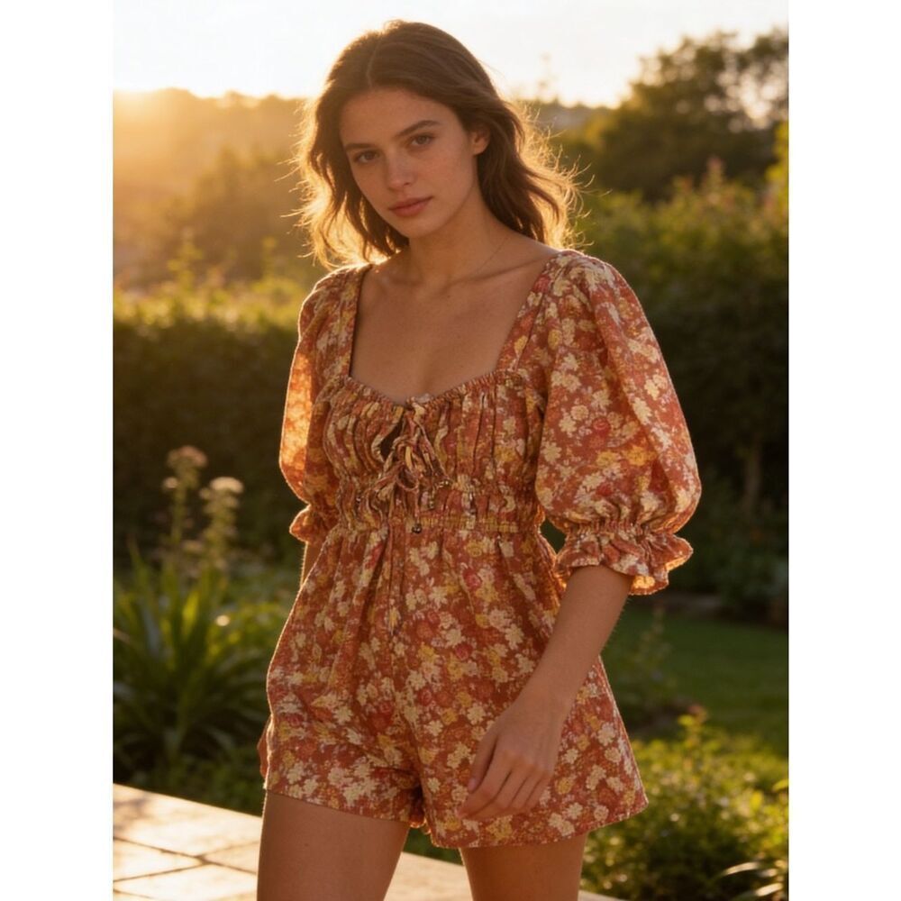 Free People Floral Puff-Sleeve Romper in Rust and Yellow size XS